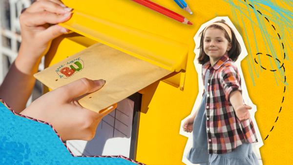 Hand steckt Birefumschlag in einen Briefkaste. Daneben steht ein Mädchen vor gelben Hintergrund mit Papierelementen und Stiften. 