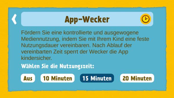 Bild zeigt den Menüpunkt 'App-Wecker'. Hier kann zwischen 'Aus' '10 Minuten' '15 Minuten' und '20 Minuten' gewählt werden. 